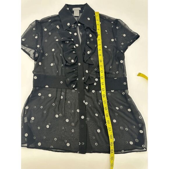Ann Taylor Women’s Sheer Shirt Polka Dots Waist Accent & Ruffles Sz 2 B&W - Picture 6 of 7